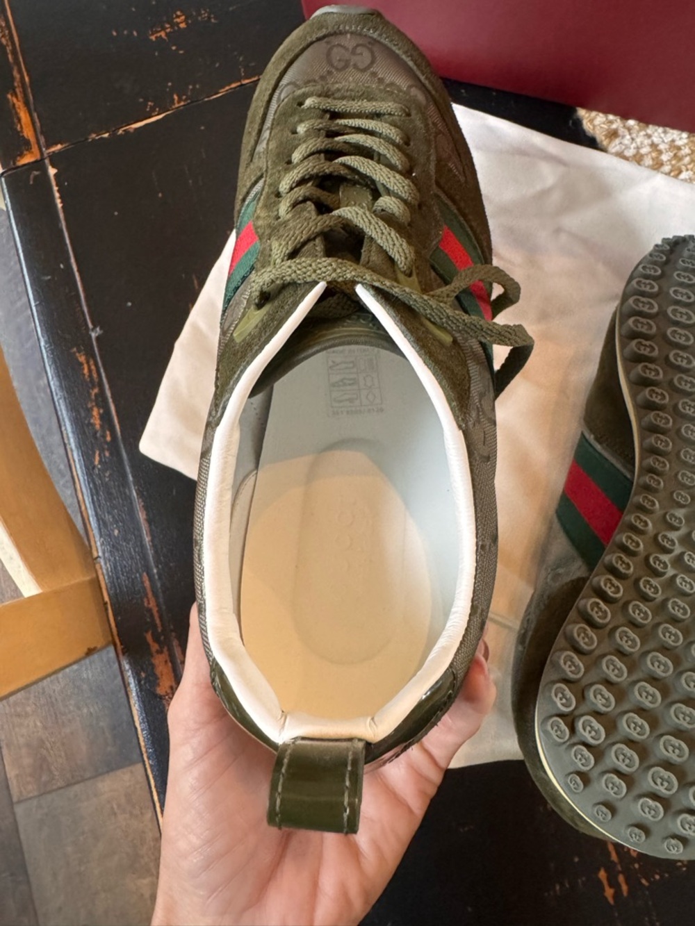 Gucci Olive Suede Runner with Red-Green Web Stripe - Picture 8 of 8